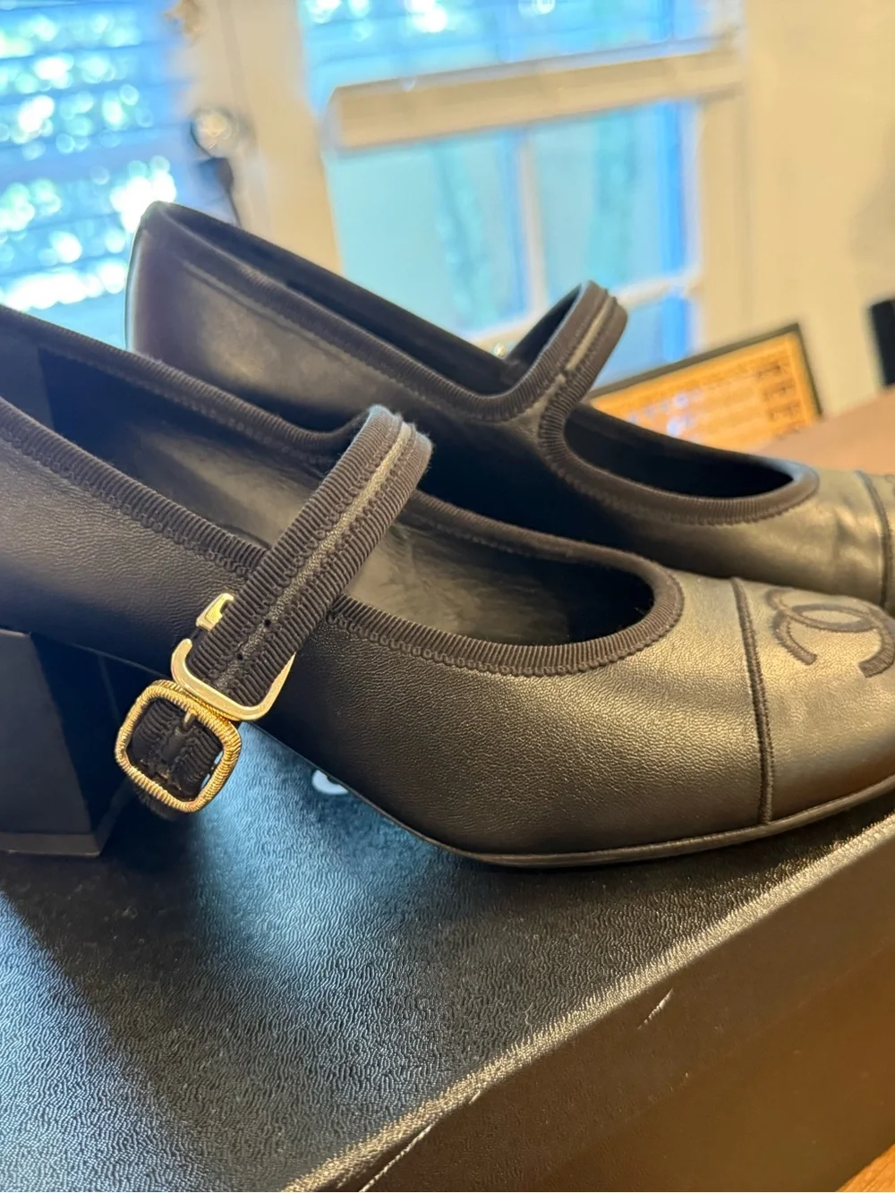 NWT CHANEL Black Leather Mary Jane Block Heels with Gold Buckle